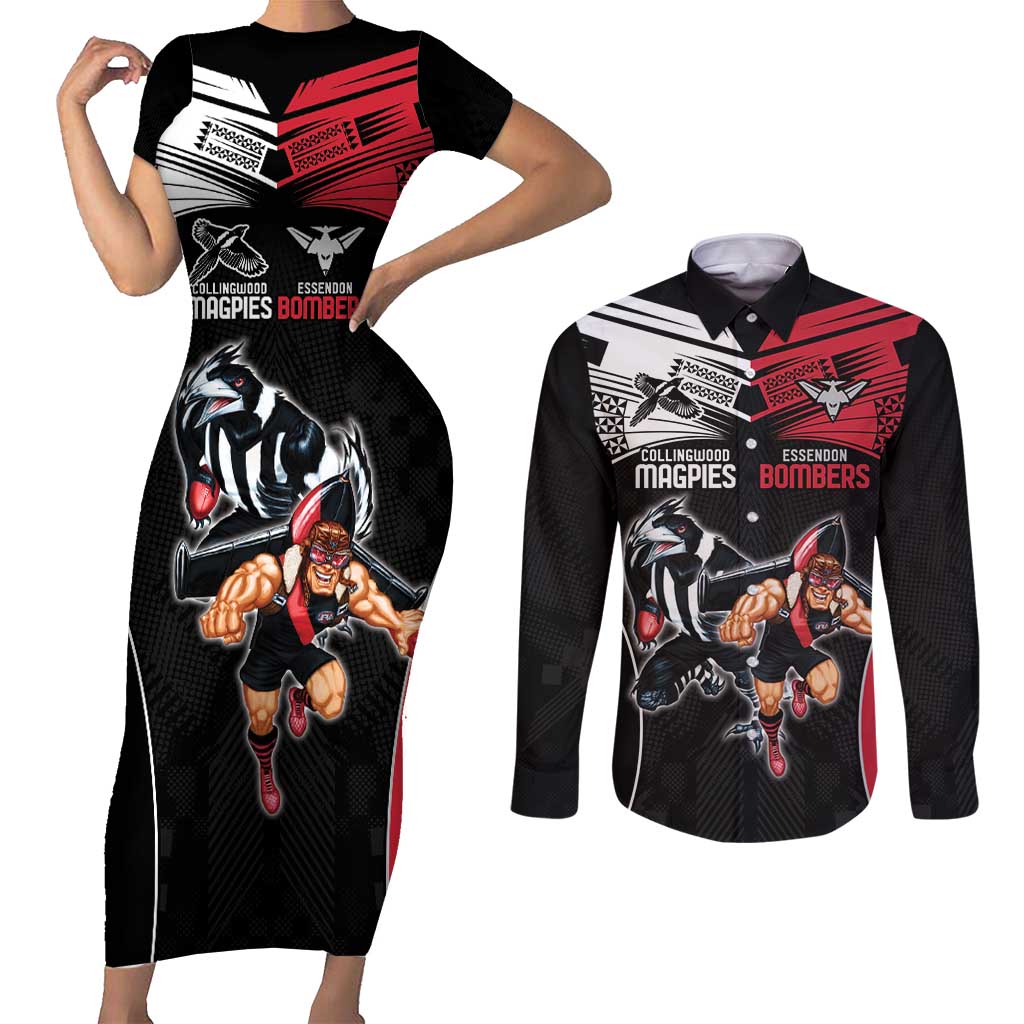 Custom Essendon and Collingwood Couples Matching Short Sleeve Bodycon Dress and Long Sleeve Button Shirt Together Sporty Style