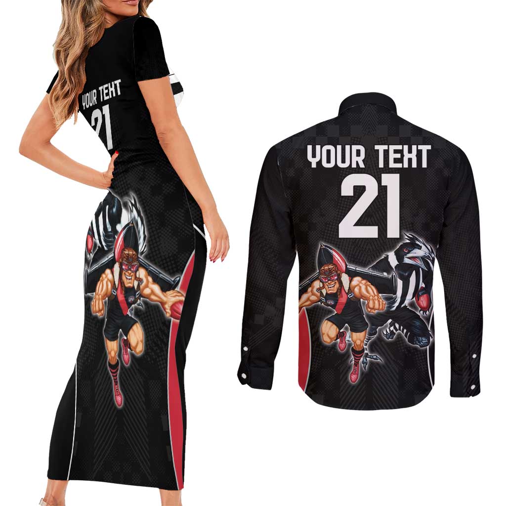 Custom Essendon and Collingwood Couples Matching Short Sleeve Bodycon Dress and Long Sleeve Button Shirt Together Sporty Style