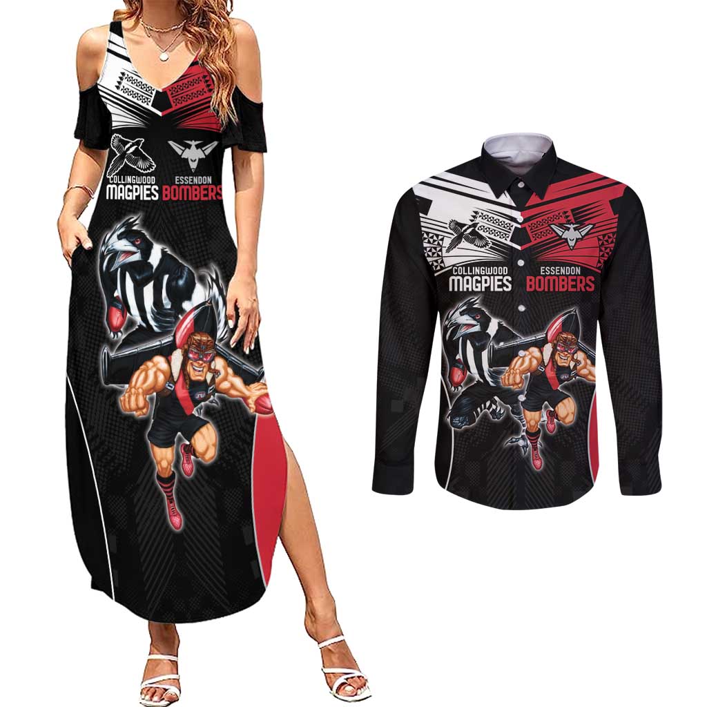 Custom Essendon and Collingwood Couples Matching Summer Maxi Dress and Long Sleeve Button Shirt Together Sporty Style