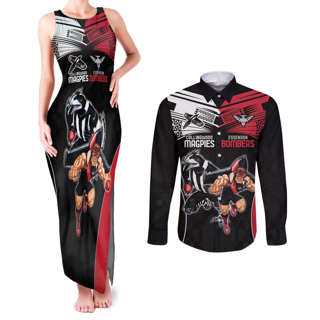 Custom Essendon and Collingwood Couples Matching Tank Maxi Dress and Long Sleeve Button Shirt Together Sporty Style