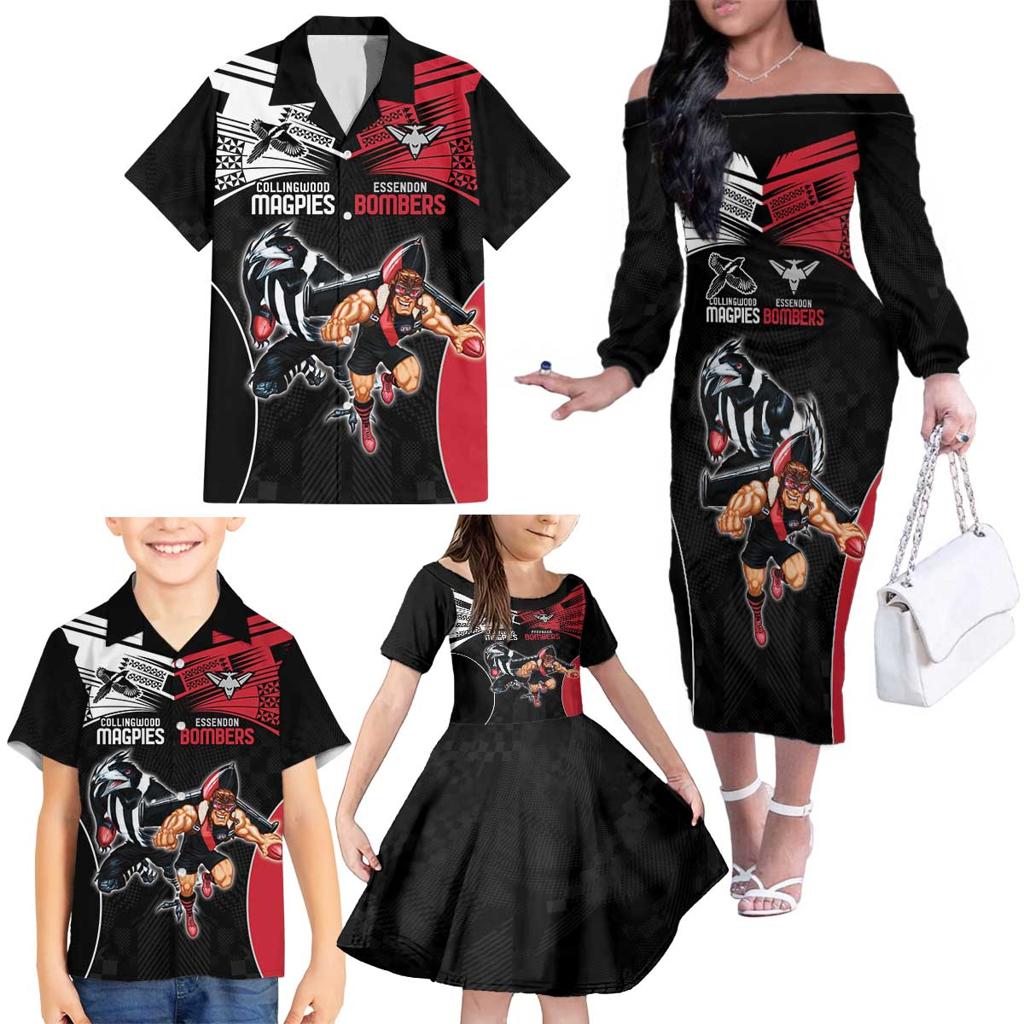Custom Essendon and Collingwood Family Matching Off The Shoulder Long Sleeve Dress and Hawaiian Shirt Together Sporty Style