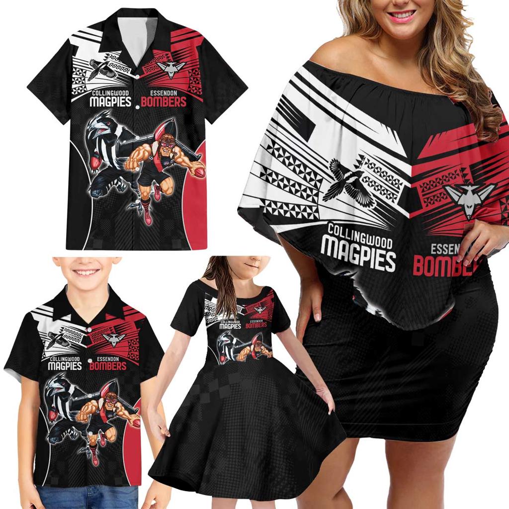 Custom Essendon and Collingwood Family Matching Off Shoulder Short Dress and Hawaiian Shirt Together Sporty Style