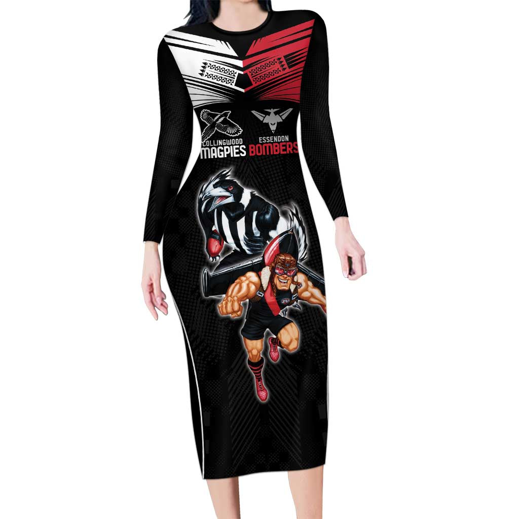 Custom Essendon and Collingwood Long Sleeve Bodycon Dress Together Sporty Style