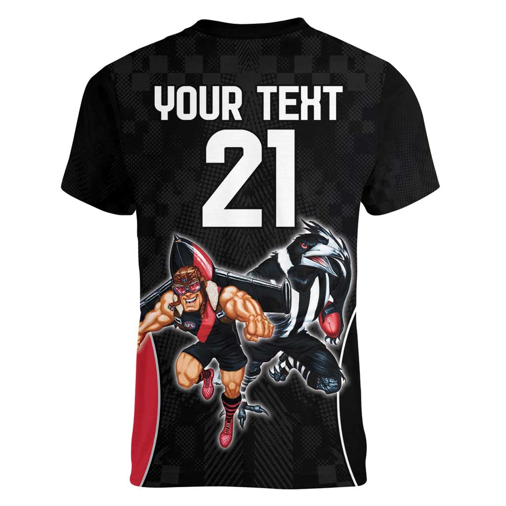 Custom Essendon and Collingwood Women V-Neck T-Shirt Together Sporty Style