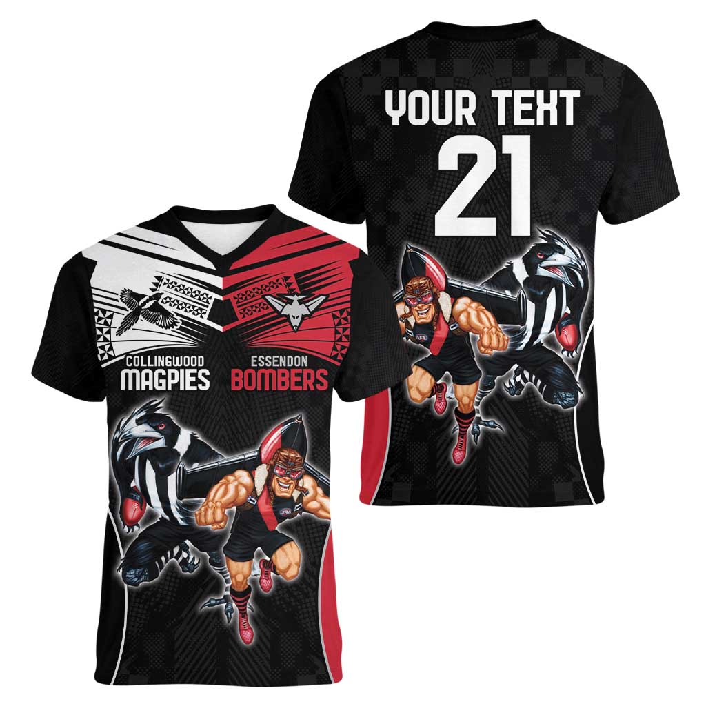 Custom Essendon and Collingwood Women V-Neck T-Shirt Together Sporty Style