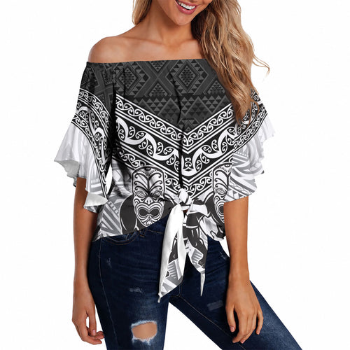 Custom Rugby New Zealand Black Fern Off Shoulder Wrap Waist Top Niho Taniwha Inspired