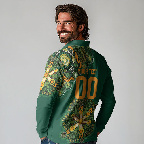 Australia Rugby National Heritage Custom Long Sleeve Polo Shirt Indigenous Aboriginal Dot Art