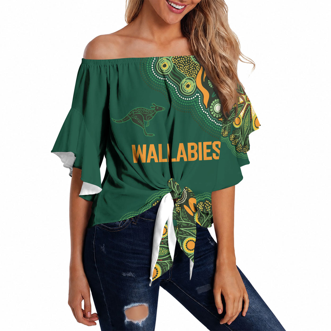 Australia Rugby National Heritage Custom Off Shoulder Wrap Waist Top Indigenous Aboriginal Dot Art