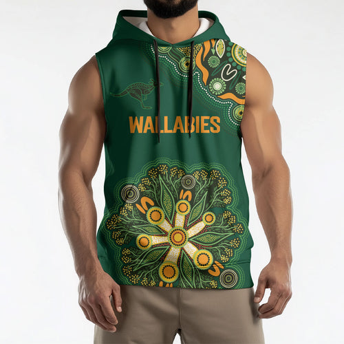 Australia Rugby National Heritage Custom Sleeveless Hoodie Indigenous Aboriginal Dot Art