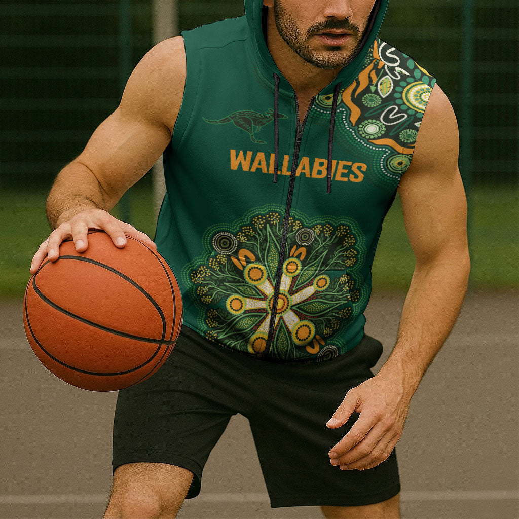 Australia Rugby National Heritage Custom Sleeveless Zip Hoodie Indigenous Aboriginal Dot Art