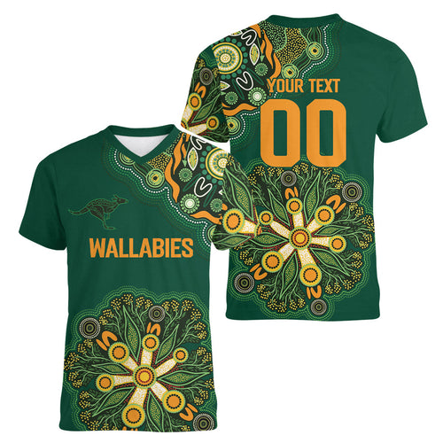 Australia Rugby National Heritage Custom Women V-Neck T-Shirt Indigenous Aboriginal Dot Art