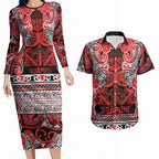 Aotearoa Iwi Ngapuhi Couples Matching Long Sleeve Bodycon Dress and Hawaiian Shirt Maori Wharenui House Tribal Pattern