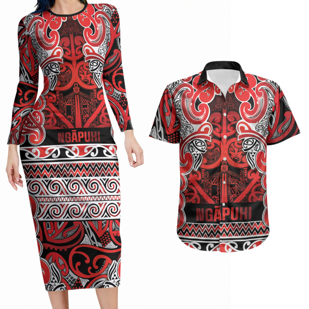 Aotearoa Iwi Ngapuhi Couples Matching Long Sleeve Bodycon Dress and Hawaiian Shirt Maori Wharenui House Tribal Pattern