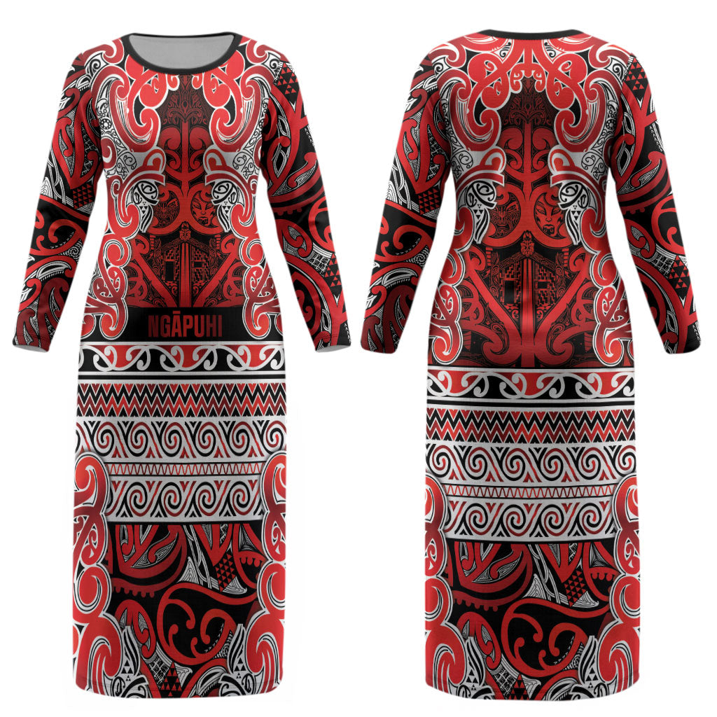 Aotearoa Iwi Ngapuhi Couples Matching Long Sleeve Bodycon Dress and Hawaiian Shirt Maori Wharenui House Tribal Pattern