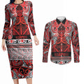 Aotearoa Iwi Ngapuhi Couples Matching Long Sleeve Bodycon Dress and Long Sleeve Button Shirt Maori Wharenui House Tribal Pattern