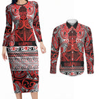 Aotearoa Iwi Ngapuhi Couples Matching Long Sleeve Bodycon Dress and Long Sleeve Button Shirt Maori Wharenui House Tribal Pattern