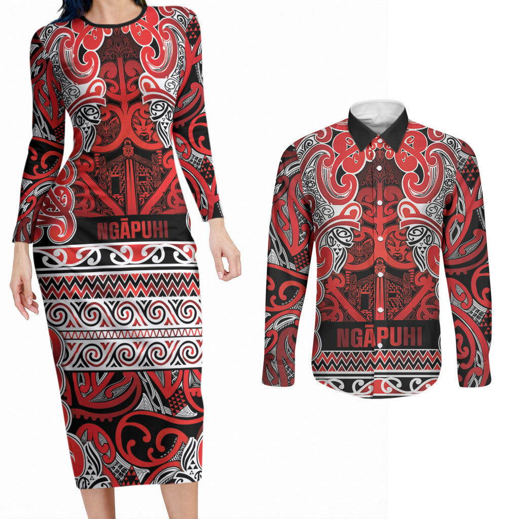 Aotearoa Iwi Ngapuhi Couples Matching Long Sleeve Bodycon Dress and Long Sleeve Button Shirt Maori Wharenui House Tribal Pattern