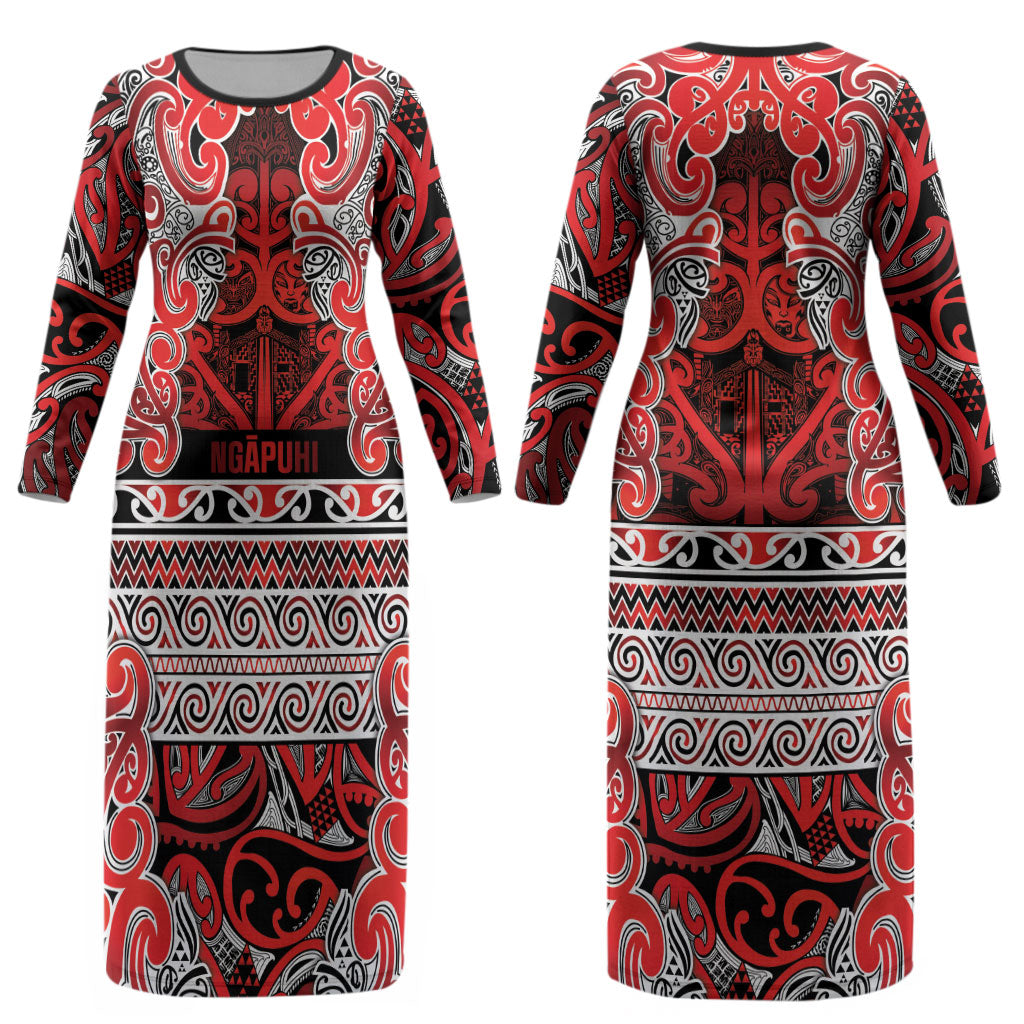 Aotearoa Iwi Ngapuhi Couples Matching Long Sleeve Bodycon Dress and Long Sleeve Button Shirt Maori Wharenui House Tribal Pattern