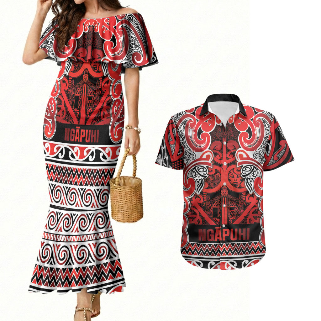 Aotearoa Iwi Ngapuhi Couples Matching Mermaid Dress and Hawaiian Shirt Maori Wharenui House Tribal Pattern