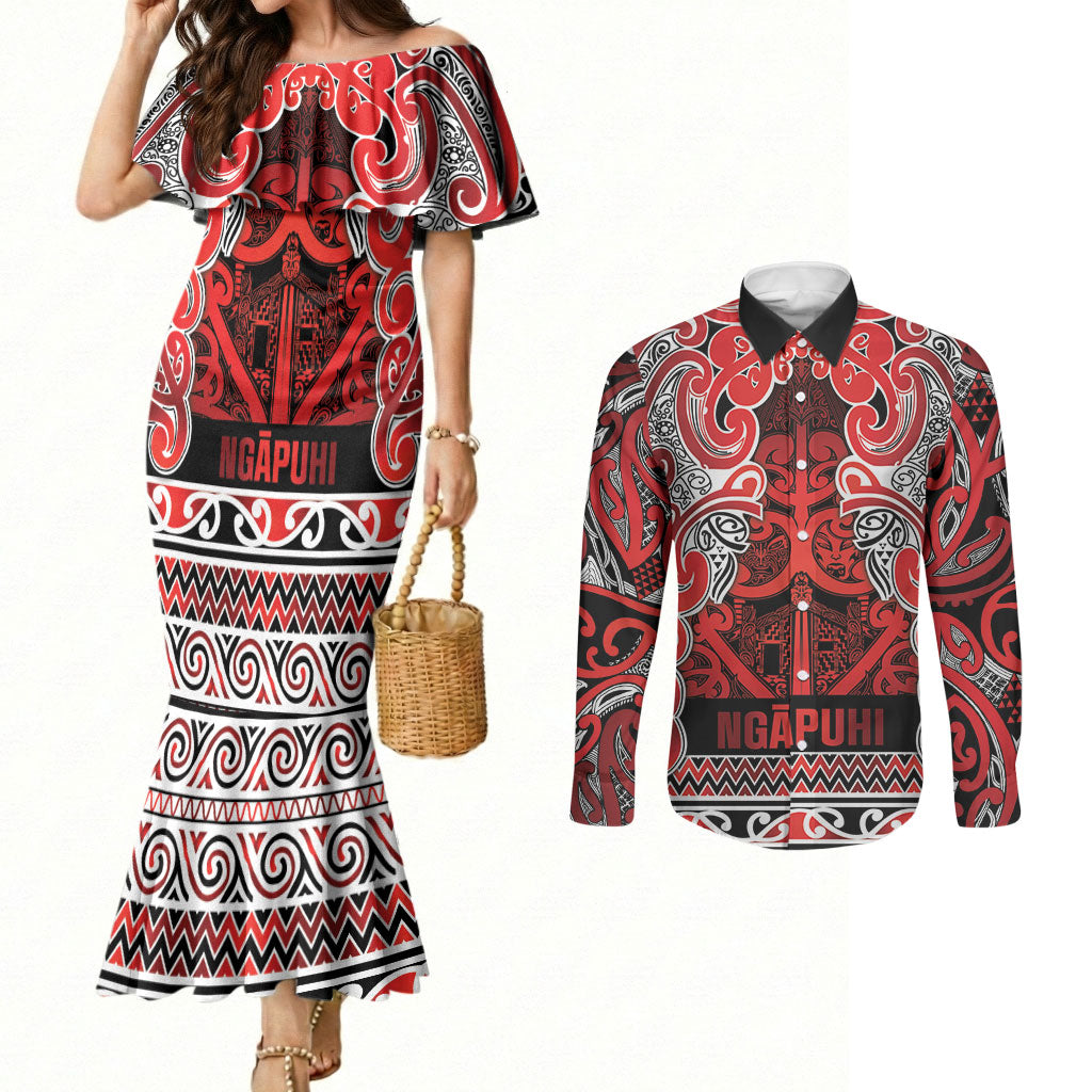 Aotearoa Iwi Ngapuhi Couples Matching Mermaid Dress and Long Sleeve Button Shirt Maori Wharenui House Tribal Pattern