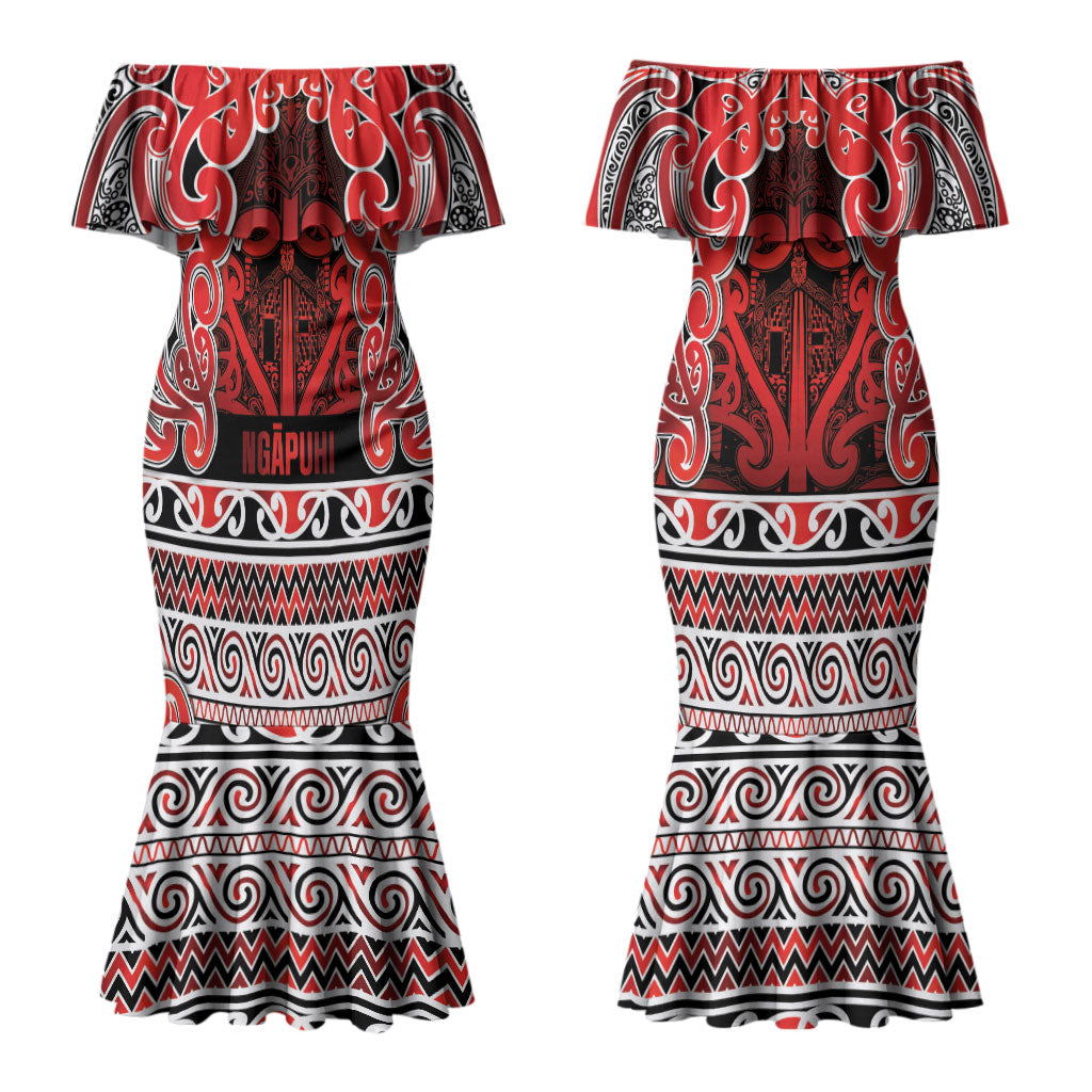 Aotearoa Iwi Ngapuhi Couples Matching Mermaid Dress and Long Sleeve Button Shirt Maori Wharenui House Tribal Pattern