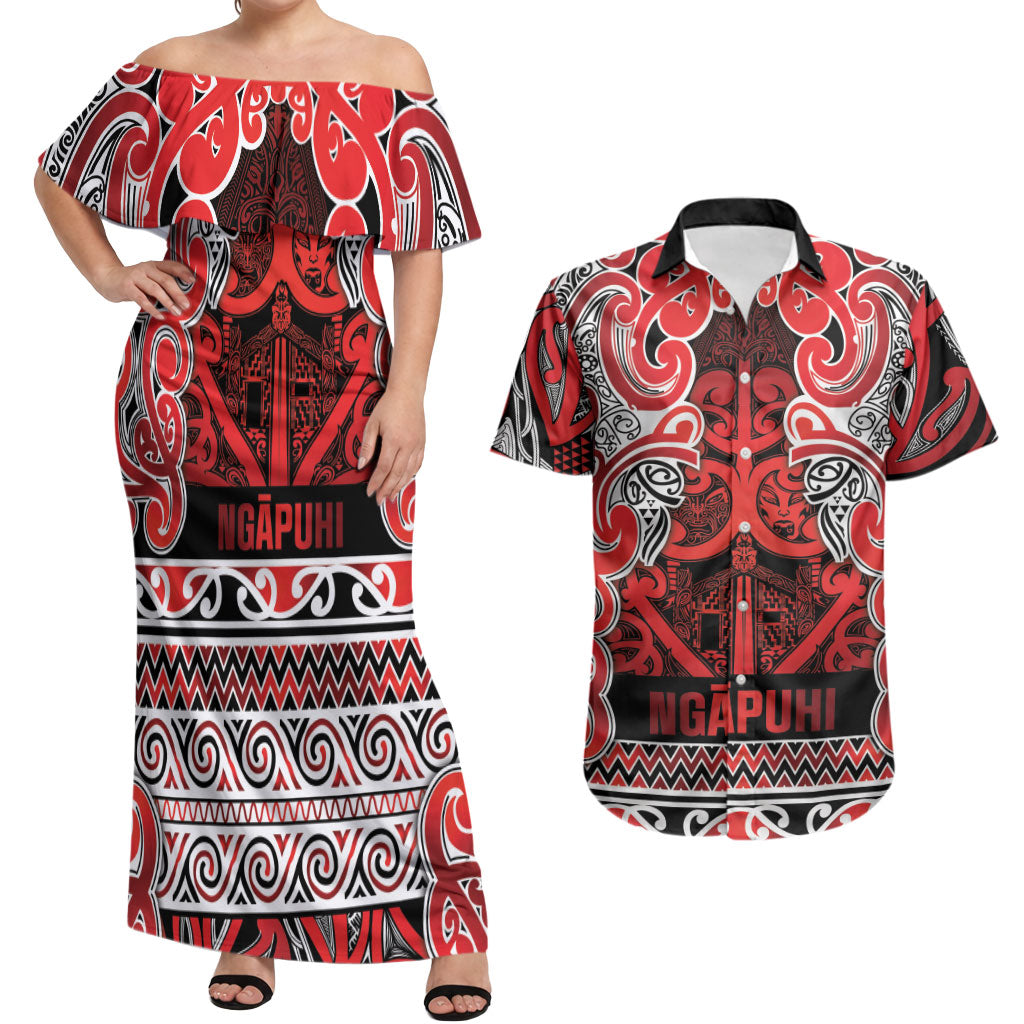 Aotearoa Iwi Ngapuhi Couples Matching Off Shoulder Maxi Dress and Hawaiian Shirt Maori Wharenui House Tribal Pattern