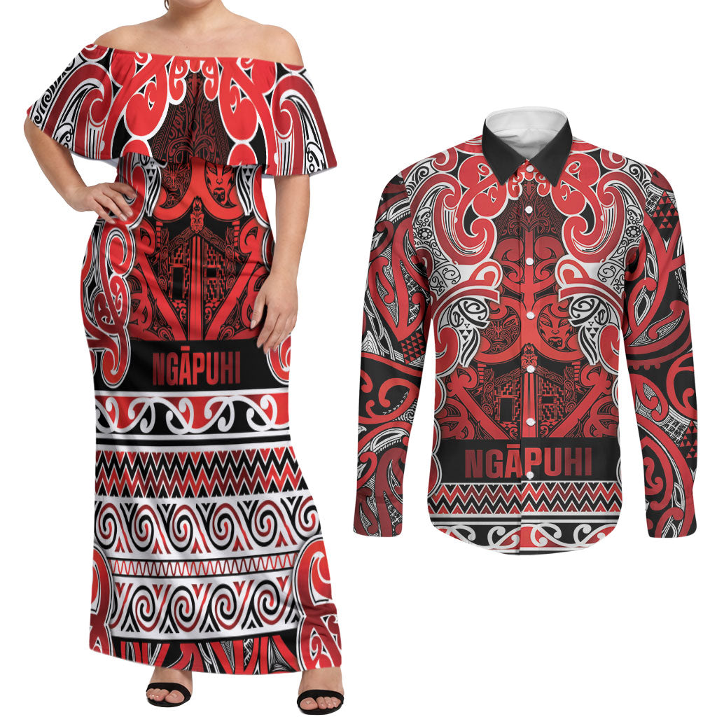 Aotearoa Iwi Ngapuhi Couples Matching Off Shoulder Maxi Dress and Long Sleeve Button Shirt Maori Wharenui House Tribal Pattern