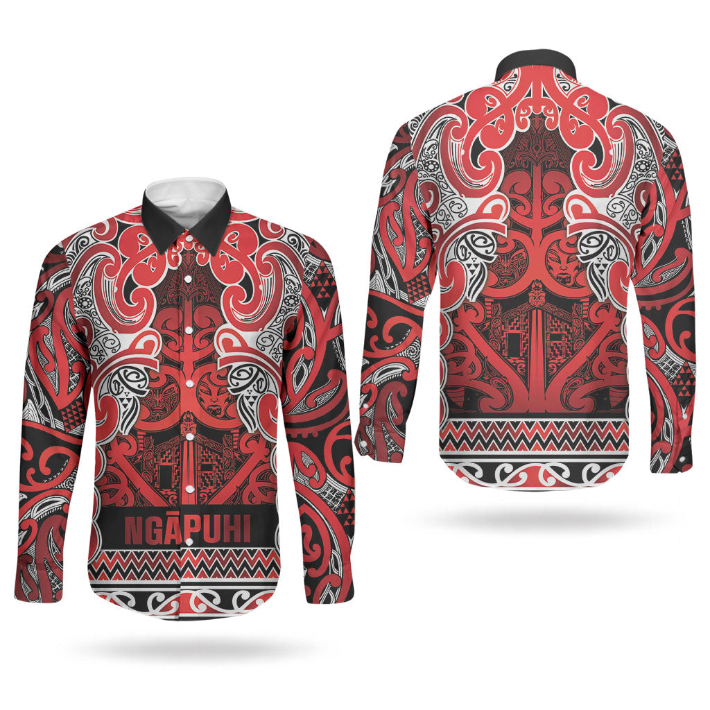Aotearoa Iwi Ngapuhi Couples Matching Off Shoulder Maxi Dress and Long Sleeve Button Shirt Maori Wharenui House Tribal Pattern