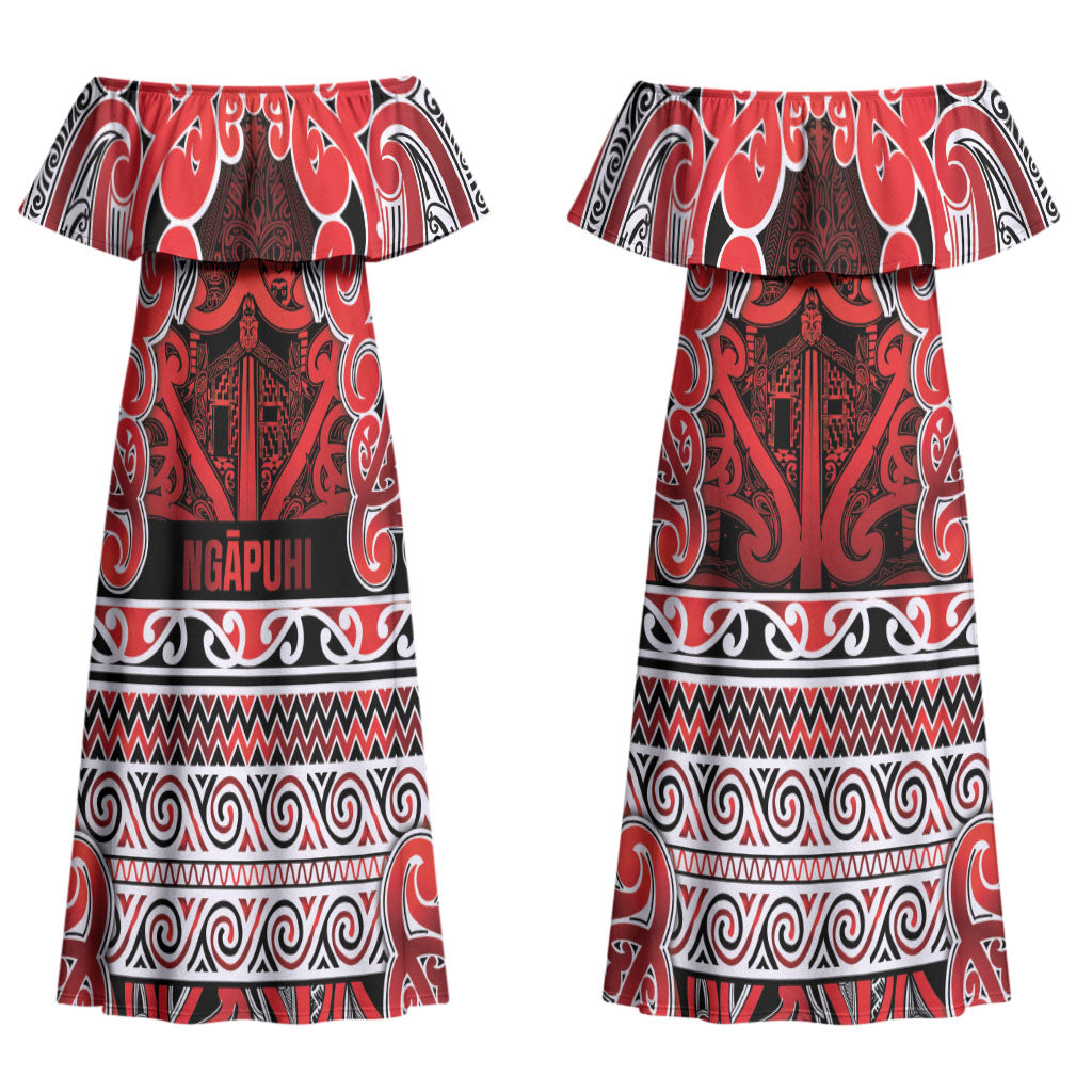 Aotearoa Iwi Ngapuhi Couples Matching Off Shoulder Maxi Dress and Long Sleeve Button Shirt Maori Wharenui House Tribal Pattern