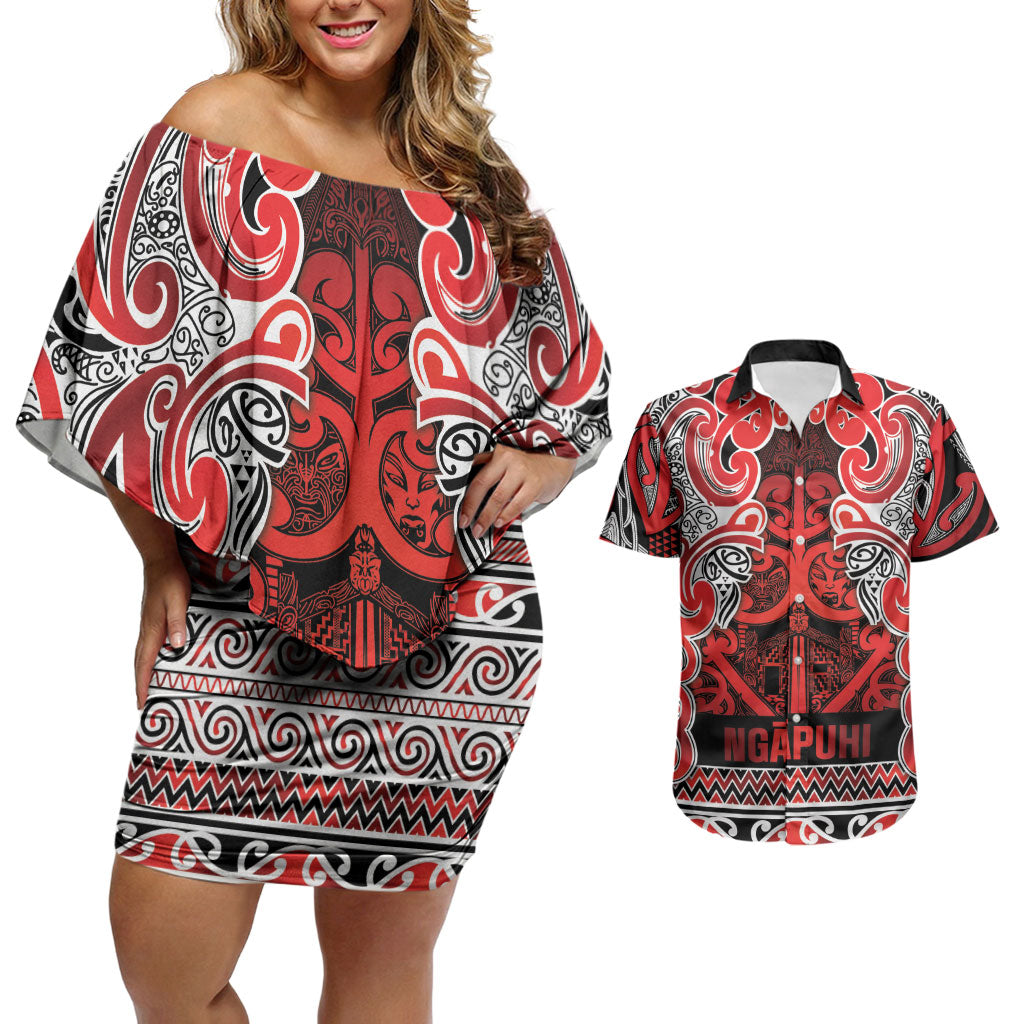 Aotearoa Iwi Ngapuhi Couples Matching Off Shoulder Short Dress and Hawaiian Shirt Maori Wharenui House Tribal Pattern