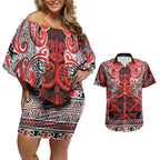Aotearoa Iwi Ngapuhi Couples Matching Off Shoulder Short Dress and Hawaiian Shirt Maori Wharenui House Tribal Pattern