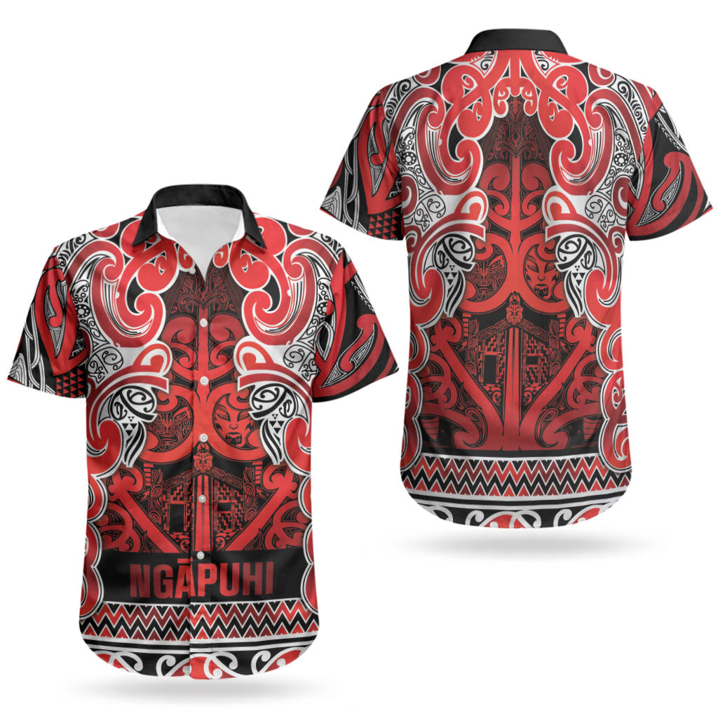 Aotearoa Iwi Ngapuhi Couples Matching Off Shoulder Short Dress and Hawaiian Shirt Maori Wharenui House Tribal Pattern