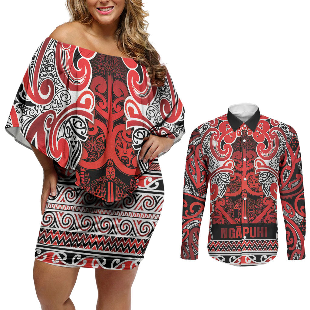 Aotearoa Iwi Ngapuhi Couples Matching Off Shoulder Short Dress and Long Sleeve Button Shirt Maori Wharenui House Tribal Pattern