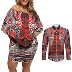 Aotearoa Iwi Ngapuhi Couples Matching Off Shoulder Short Dress and Long Sleeve Button Shirt Maori Wharenui House Tribal Pattern