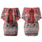 Aotearoa Iwi Ngapuhi Couples Matching Off Shoulder Short Dress and Long Sleeve Button Shirt Maori Wharenui House Tribal Pattern