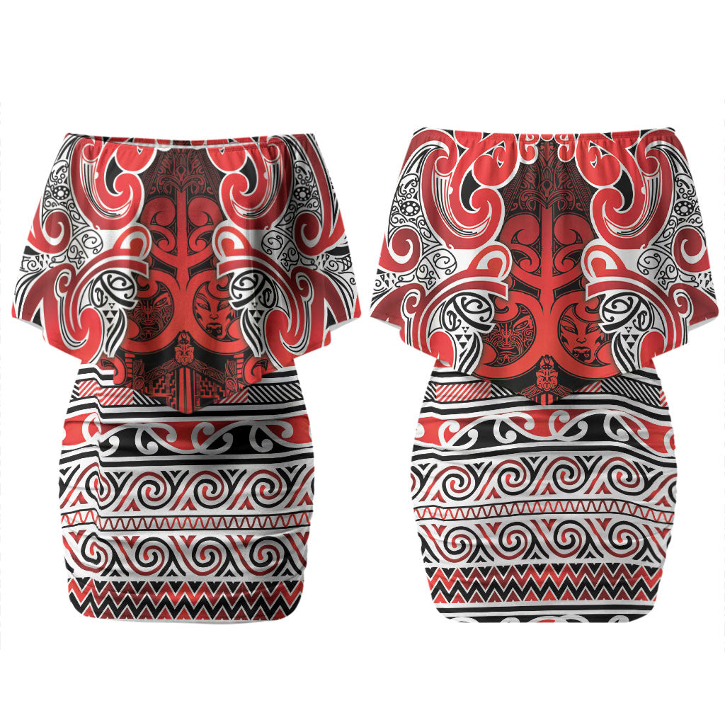 Aotearoa Iwi Ngapuhi Couples Matching Off Shoulder Short Dress and Long Sleeve Button Shirt Maori Wharenui House Tribal Pattern