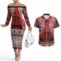 Aotearoa Iwi Ngapuhi Couples Matching Off The Shoulder Long Sleeve Dress and Hawaiian Shirt Maori Wharenui House Tribal Pattern