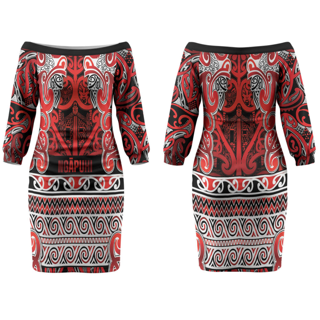 Aotearoa Iwi Ngapuhi Couples Matching Off The Shoulder Long Sleeve Dress and Hawaiian Shirt Maori Wharenui House Tribal Pattern