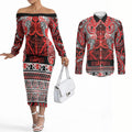 Aotearoa Iwi Ngapuhi Couples Matching Off The Shoulder Long Sleeve Dress and Long Sleeve Button Shirt Maori Wharenui House Tribal Pattern