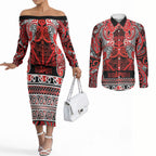 Aotearoa Iwi Ngapuhi Couples Matching Off The Shoulder Long Sleeve Dress and Long Sleeve Button Shirt Maori Wharenui House Tribal Pattern