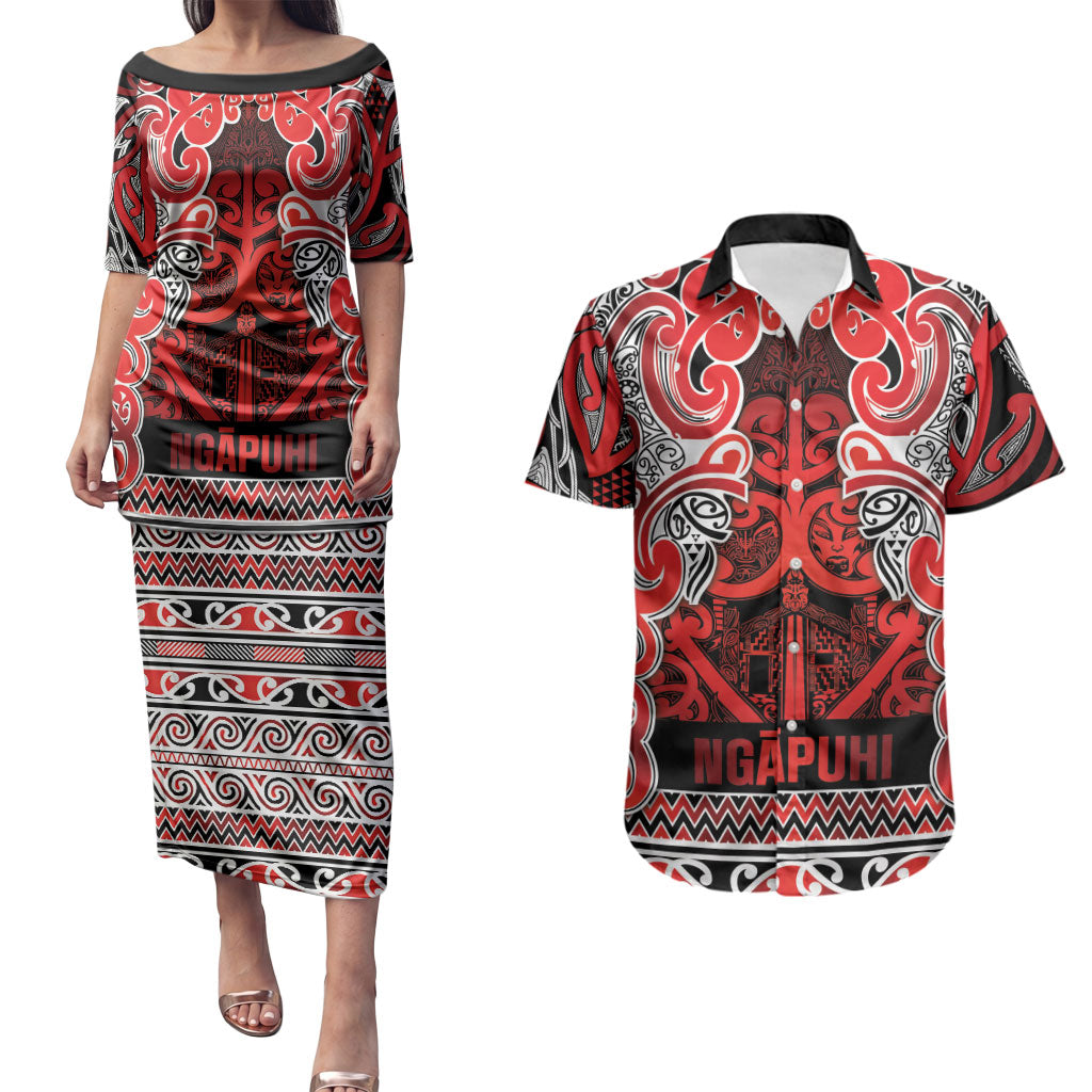 Aotearoa Iwi Ngapuhi Couples Matching Puletasi and Hawaiian Shirt Maori Wharenui House Tribal Pattern