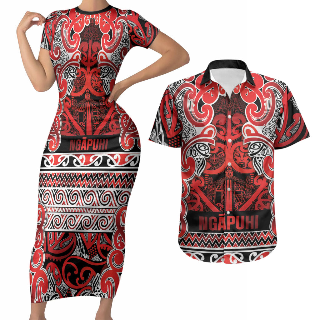 Aotearoa Iwi Ngapuhi Couples Matching Short Sleeve Bodycon Dress and Hawaiian Shirt Maori Wharenui House Tribal Pattern