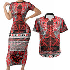 Aotearoa Iwi Ngapuhi Couples Matching Short Sleeve Bodycon Dress and Hawaiian Shirt Maori Wharenui House Tribal Pattern