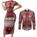 Aotearoa Iwi Ngapuhi Couples Matching Short Sleeve Bodycon Dress and Long Sleeve Button Shirt Maori Wharenui House Tribal Pattern