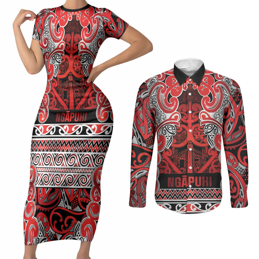 Aotearoa Iwi Ngapuhi Couples Matching Short Sleeve Bodycon Dress and Long Sleeve Button Shirt Maori Wharenui House Tribal Pattern