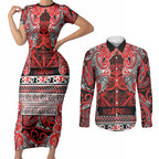 Aotearoa Iwi Ngapuhi Couples Matching Short Sleeve Bodycon Dress and Long Sleeve Button Shirt Maori Wharenui House Tribal Pattern