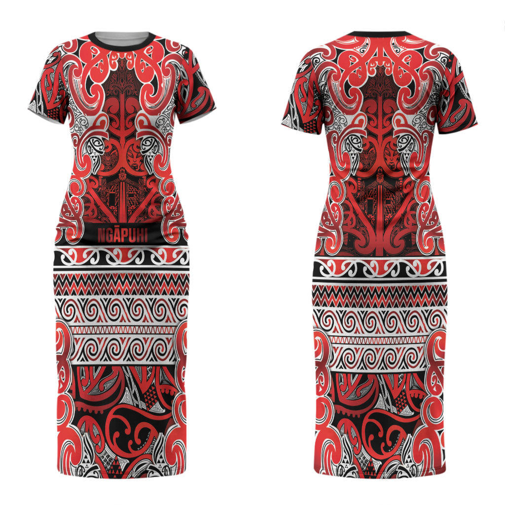 Aotearoa Iwi Ngapuhi Couples Matching Short Sleeve Bodycon Dress and Long Sleeve Button Shirt Maori Wharenui House Tribal Pattern