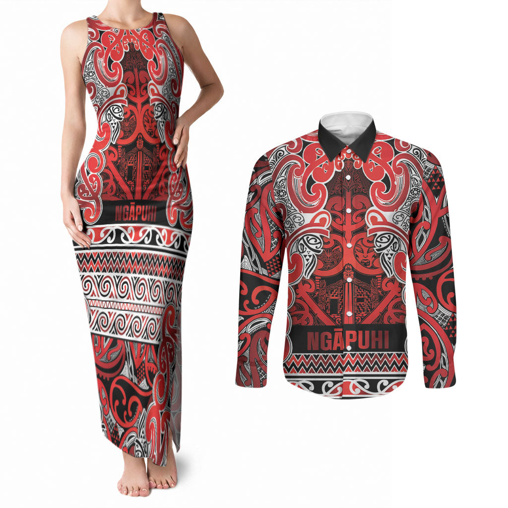 Aotearoa Iwi Ngapuhi Couples Matching Tank Maxi Dress and Long Sleeve Button Shirt Maori Wharenui House Tribal Pattern
