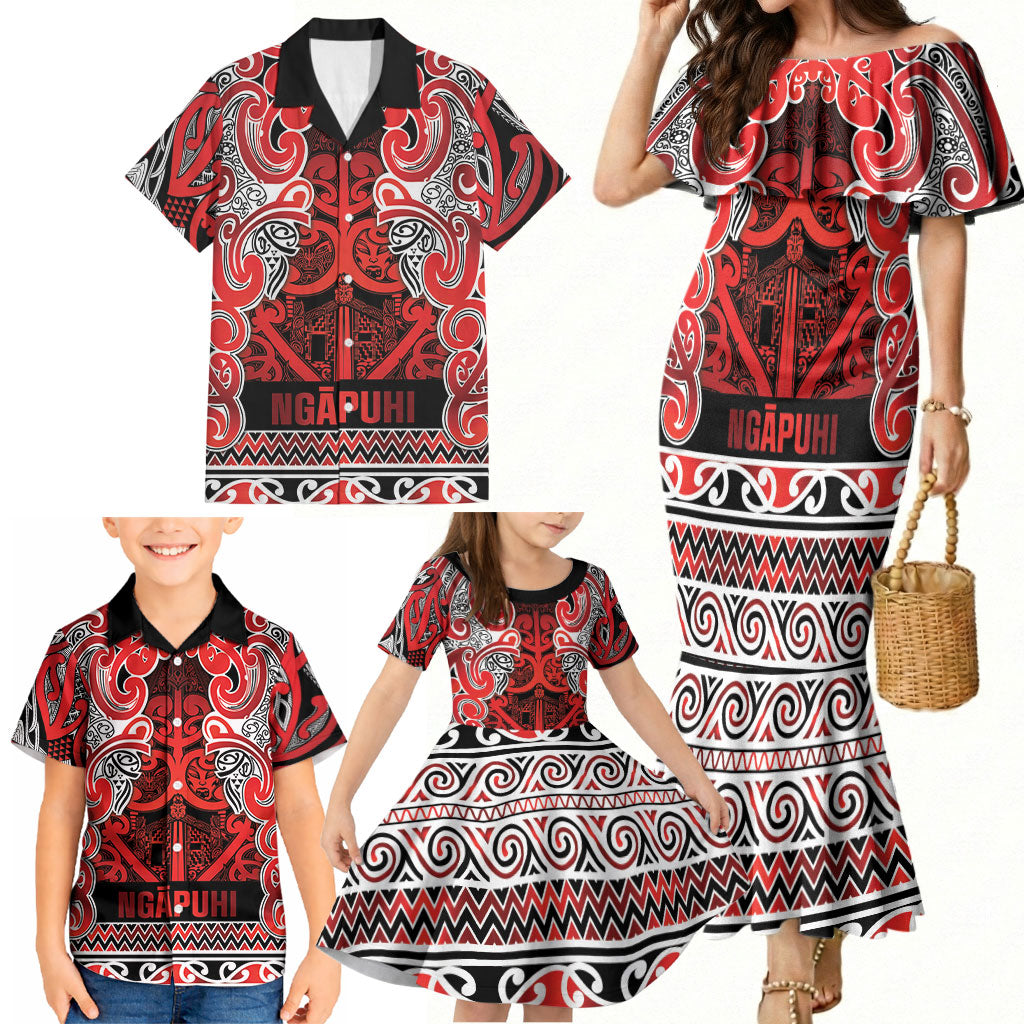 Aotearoa Iwi Ngapuhi Family Matching Mermaid Dress and Hawaiian Shirt Maori Wharenui House Tribal Pattern