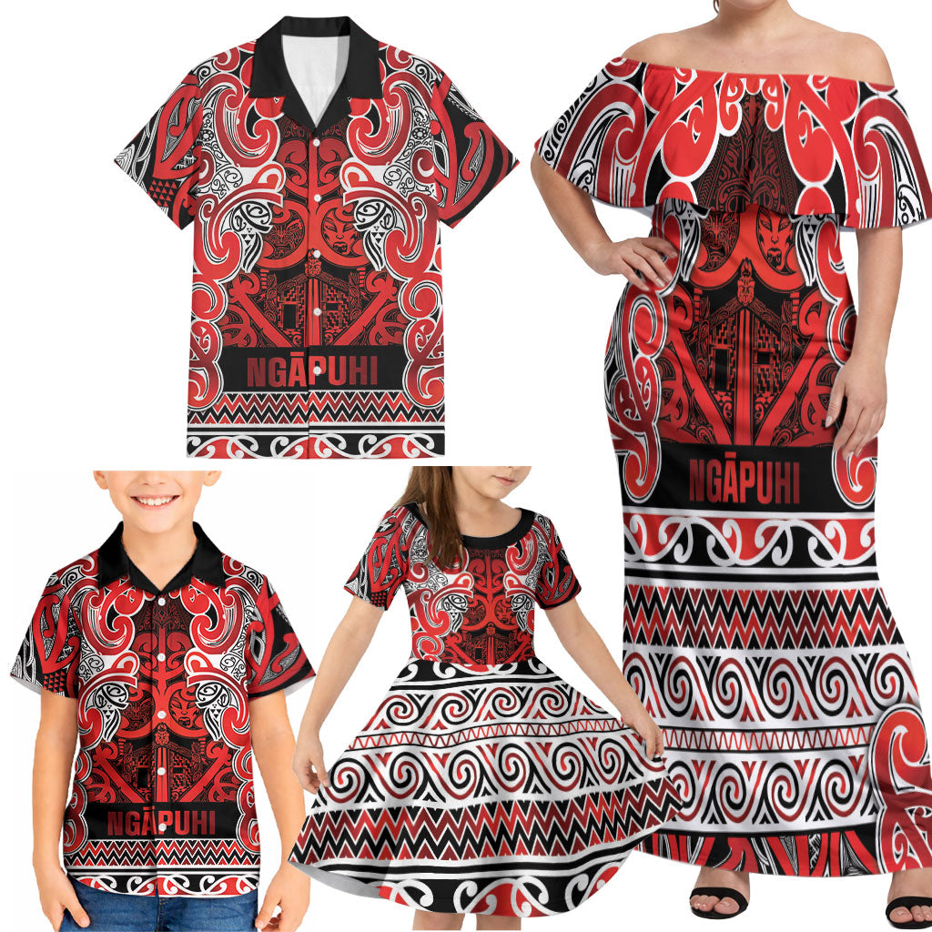 Aotearoa Iwi Ngapuhi Family Matching Off Shoulder Maxi Dress and Hawaiian Shirt Maori Wharenui House Tribal Pattern